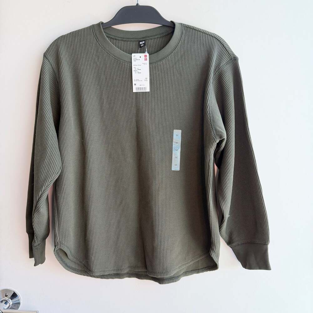 Uniqlo Women's Waffle Crew Neck Long Sleeve Shirt Dark Green Size M